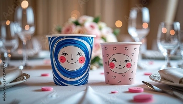 Fototapeta Whimsical Paper Cups with Moon Faces on Elegant Table Setting for Party