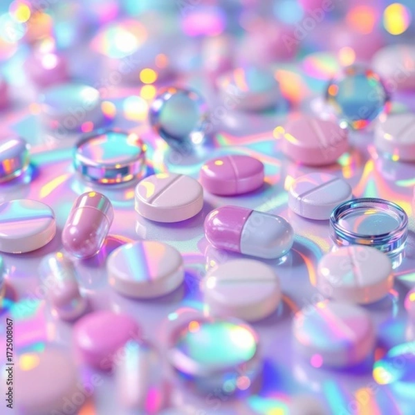 Fototapeta Pastel colored pills and capsules scattered on a holographic surface for medical use