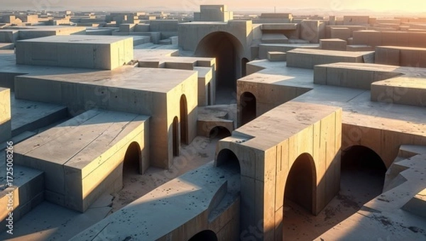 Fototapeta Architectural Concrete Labyrinth: A maze of arches and cuboids bathed in golden light.