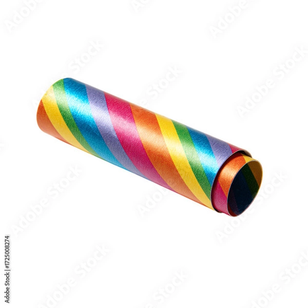 Fototapeta Vibrant rainbow striped ribbon roll unfurled for creative crafting and festive decoration projects, adding a burst of color and joy to any design.