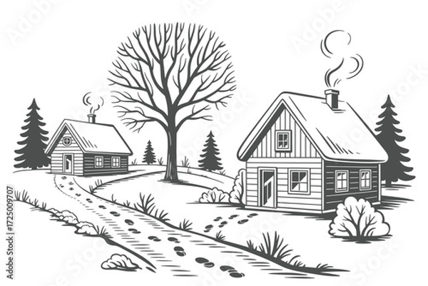 Fototapeta Winter Landscape with Snow-Covered House, Trees and Mountains, Peaceful Scenery in Cold Weather, Cozy Cabin in Snowy Forest, Seasonal Nature Vector Illustration