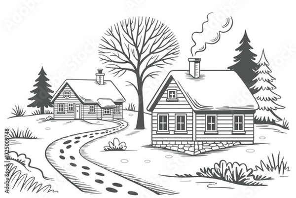 Fototapeta Winter Landscape with Snow-Covered House, Trees and Mountains, Peaceful Scenery in Cold Weather, Cozy Cabin in Snowy Forest, Seasonal Nature Vector Illustration