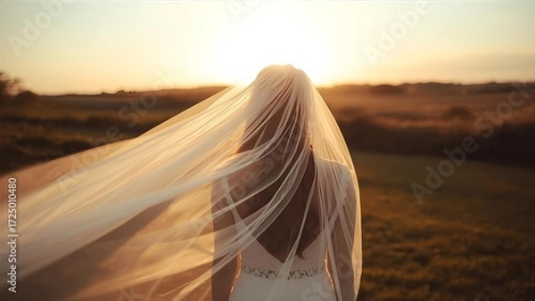 Obraz Bride with flowing veil at sunset in countryside