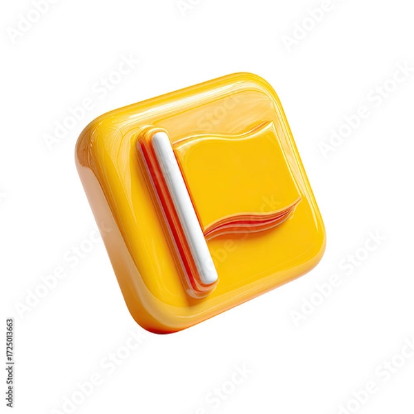 Fototapeta A glossy, yellow square icon featuring a smaller yellow flag on a white pole, rendered in 3D with subtle highlights and shadows