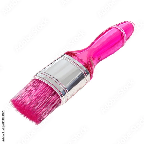 Fototapeta Vibrant pink paintbrush with a translucent, curved handle and metallic ferrule, angled on a black background