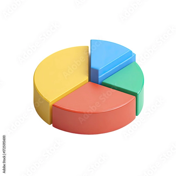 Obraz A 3D pie chart with four pastel-colored segments; yellow, red, green, and blue, representing data proportions