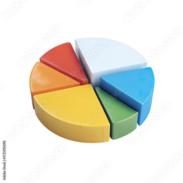 Fototapeta A 3D pie chart segmented into seven vibrant, multicolored sections, illustrating data proportions
