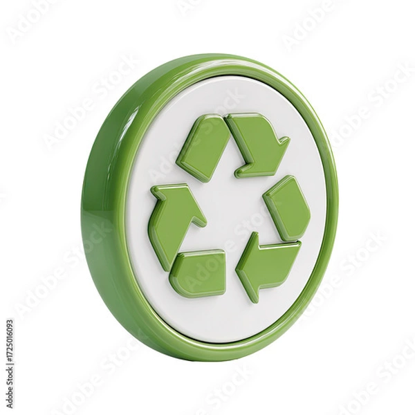 Fototapeta 3D rendered green circular button featuring a white recycling symbol with three chasing arrows