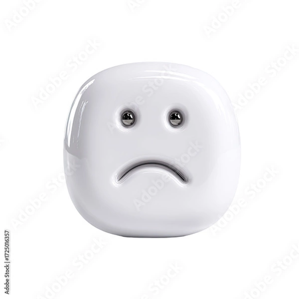 Fototapeta A glossy, off-white, rounded-square emoticon with a downturned mouth and small, dark eyes expressing sadness or disappointment