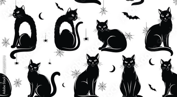 Fototapeta Seamless halloween pattern with black cats, bats, spider webs and moon vector illustration for wrapping paper