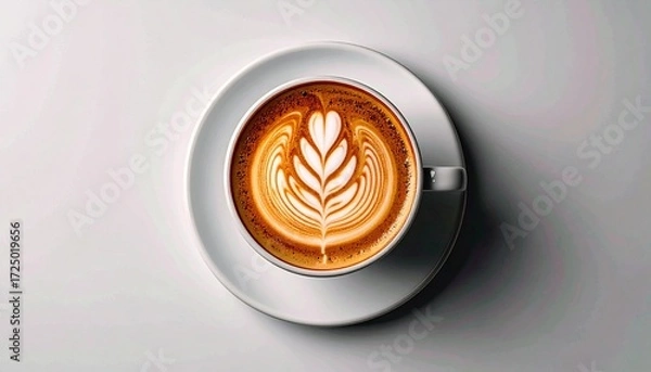Fototapeta Aromatic Latte Art Coffee Drink in White Cup on Saucer.