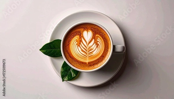 Fototapeta Aromatic Latte Art Coffee Cup Top View on White Background.