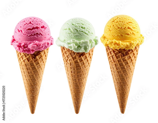 Fototapeta Three ice cream scoops, pink, lime green, and yellow, on waffle cones