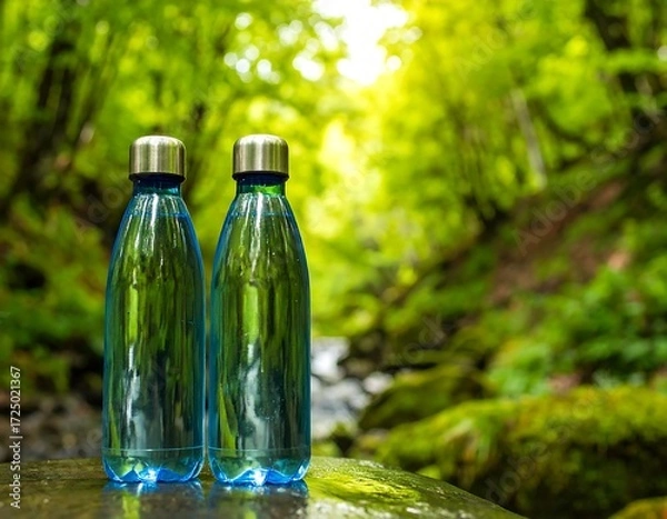 Obraz Two blue water bottles in a forest setting