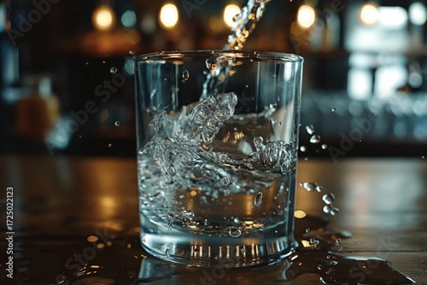 Fototapeta Water Pouring into Transparent Glass. Splashes and droplets captured in motion on wooden surface.