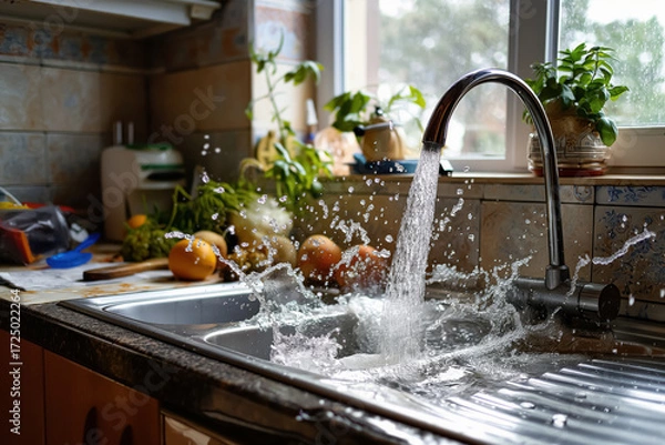 Fototapeta Water Splashing from Kitchen Faucet into Sink. Fresh stream hitting basin creating lively droplets and reflections.
