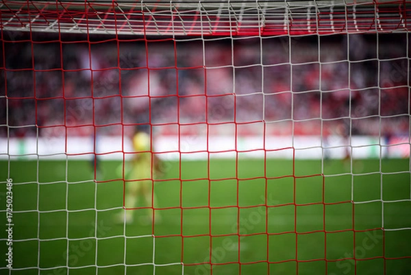 Fototapeta ed and white football goal net in sharp focus with a blurred goalkeeper and stadium crowd in the background. Selective focus, shallow depth of field, game atmosphere, copy space.
