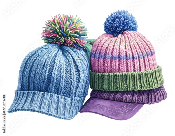 Obraz Two colorful knitted hats, one a light blue cable knit beanie, the other a multi-colored striped beanie with a matching purple baseball cap, layered atop it.  