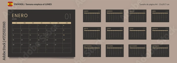 Fototapeta 2026 Spanish language Set of Monthly pages Calendar Planner Templates. Vector layout of a wall or desk simple calendar with week start Monday in dark color for print. Pages size A4 21x29.7cm