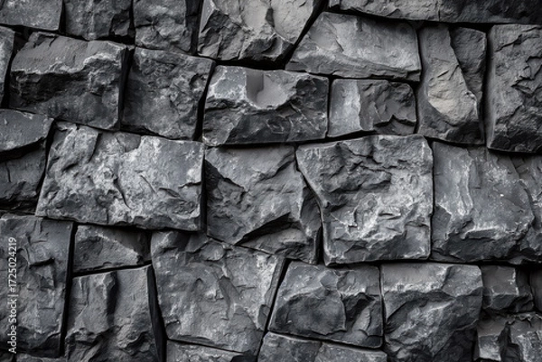 Fototapeta Angular charcoal stone wall with fractured geometric blocks. A sharp-textured architectural background revealing deep cuts and bold rock shapes.