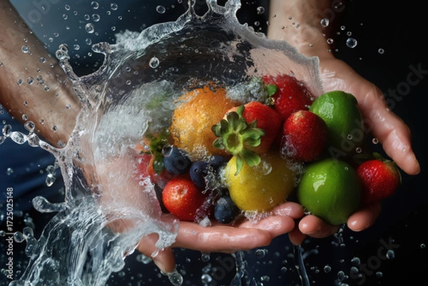 Fototapeta Cascading Splash Over Vibrant Handheld Citrus and Berries. Dynamic close-up of fresh fruit washed in motion against a dark backdrop.