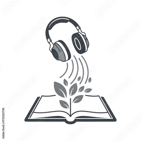 Fototapeta Headphones over an open book, symbolizing audiobooks, podcast icon, icon set, eps vector graphic illustration