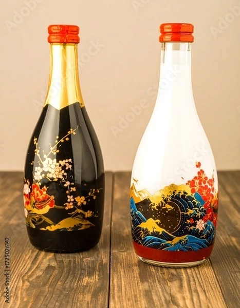 Obraz Two bottles with floral and wave designs