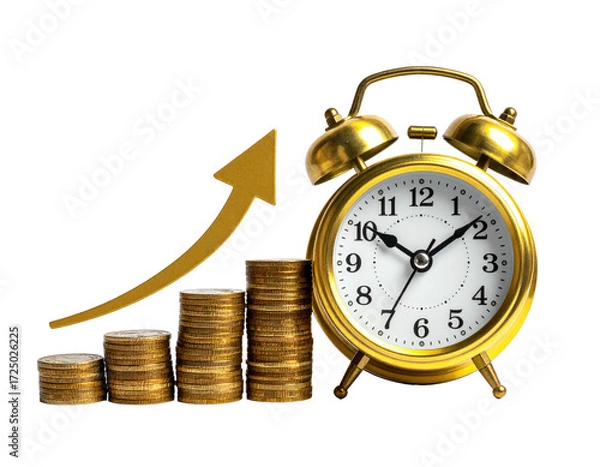 Obraz Gold coins stacked upward, with an upward gold arrow and a gold alarm clock