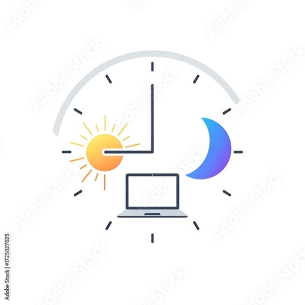 Fototapeta Sun and Moon icons with laptop icon set, round clock indicating day and night cycle