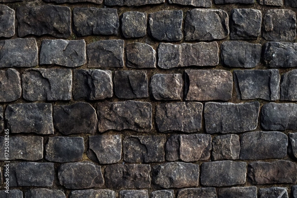Fototapeta Dark rugged stone wall with deep textures and irregular hand-laid blocks. A moody architectural background showcasing natural rock patterns and earthy tones.