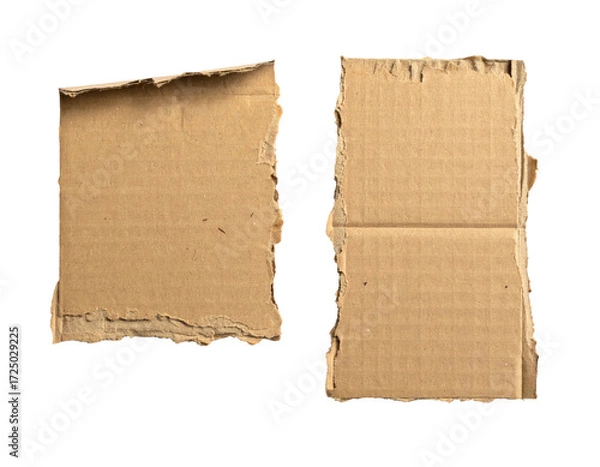 Fototapeta Two torn pieces of light brown cardboard, showing creases and uneven edges