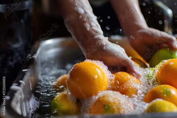Fototapeta Foam-Covered Hands Scrubbing Oranges in Overflowing Water Basin. Vibrant citrus getting washed and prepared for market with care.