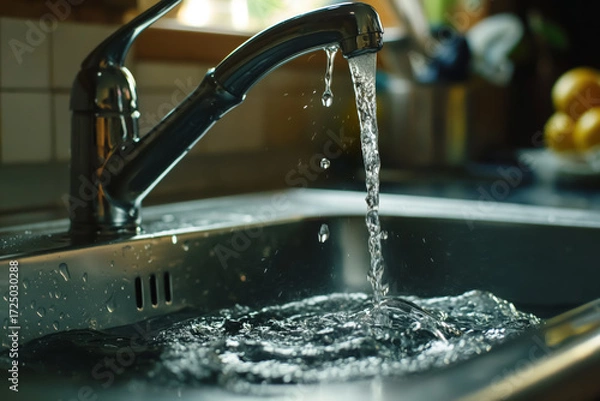 Fototapeta Fresh Water Pouring into Stainless Basin under Kitchen Tap. Minimalist capture of running water with smooth reflections and splashes.