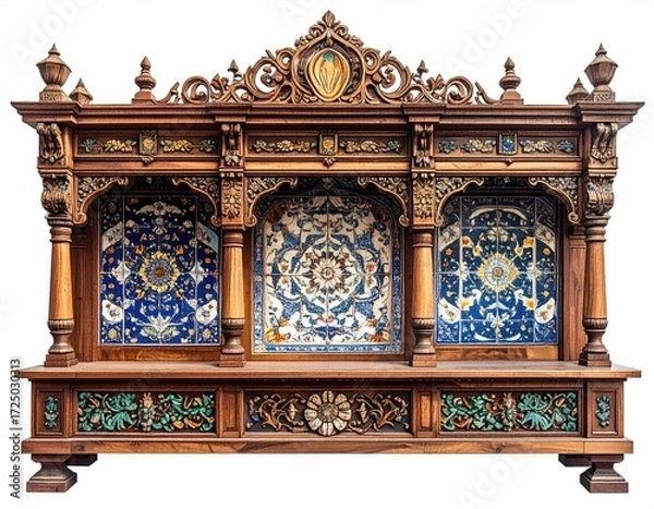 Obraz Ornate, dark wood display cabinet with three intricately designed blue and white tiled panels, featuring carved floral and geometric accents