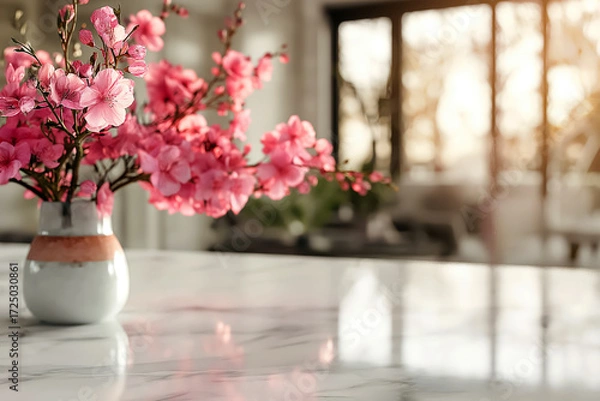Fototapeta Pink Blossoms Arranged in Ceramic Vase on Marble Countertop with Soft Sunlight, a vase of pink flowers in the background