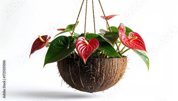 Obraz Vibrant red anthurium flowers bloom in a hanging coconut shell planter against a stark white backdrop
