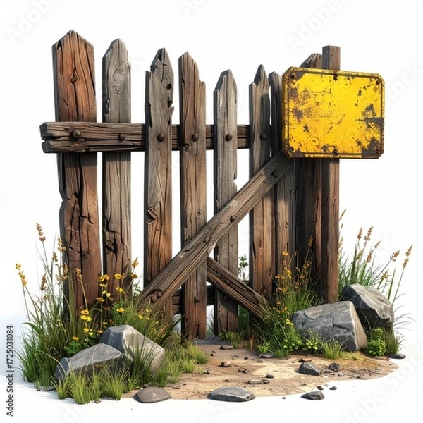 Obraz A dilapidated wooden fence with a weathered yellow sign, flanked by rocks and sparse vegetation, sits on a sandy patch against a white background