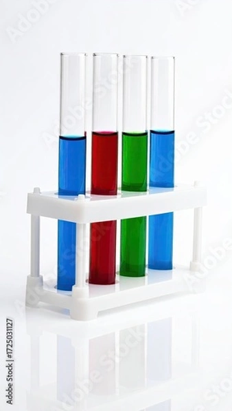 Obraz Four test tubes, containing blue, red, and green liquids, stand in a white rack against a white background, reflecting subtly