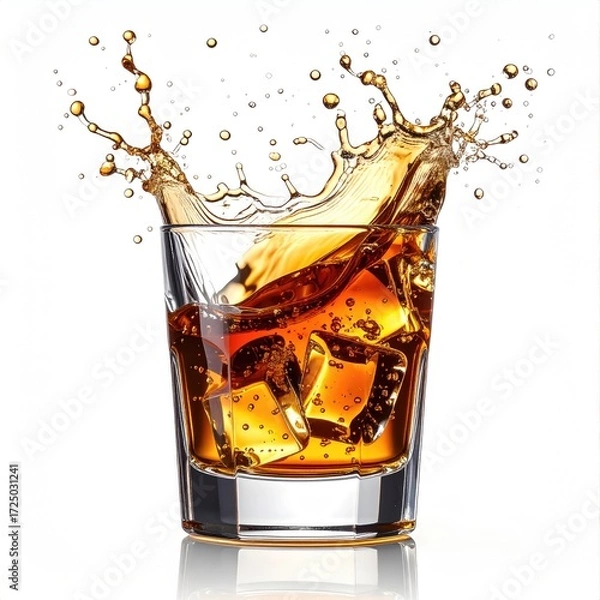 Obraz Amber liquid splashing into a rocks glass filled with ice against a white background