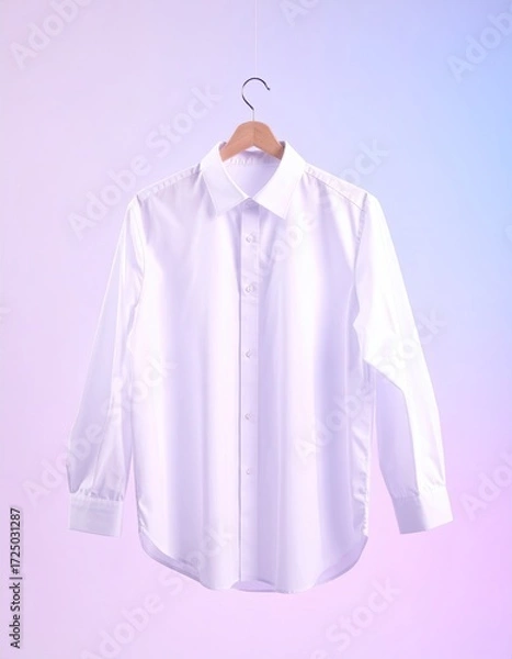 Obraz A crisp, white, long-sleeved button-down shirt hangs on a wooden hanger against a soft purple-blue gradient background