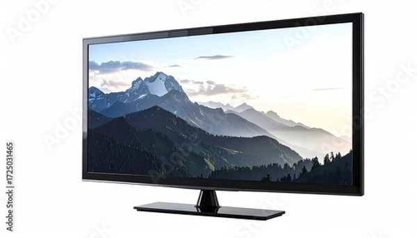 Obraz Flat-screen television displaying a scenic mountain landscape at sunrise/sunset, black bezel, and a simple stand