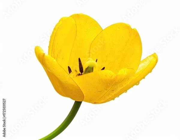 Obraz Single vibrant yellow tulip with dew drops, showcasing its petals, stamen, and stem against a stark white background