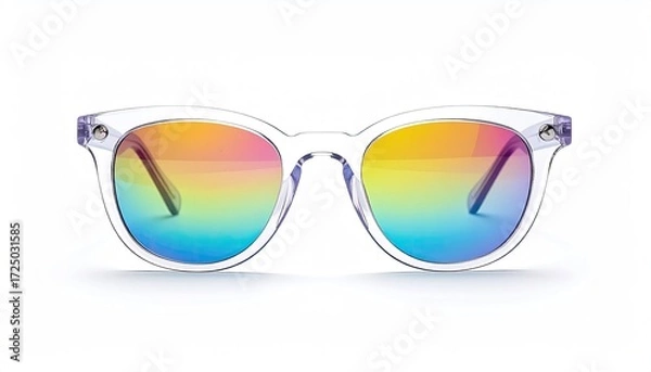 Obraz Transparent, rounded sunglasses with rainbow gradient lenses, showcasing a modern, stylish design