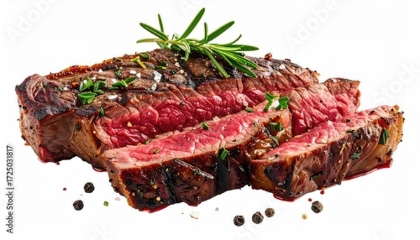 Obraz Seared steak, sliced, medium-rare, seasoned with rosemary, salt, and pepper, rests on a white background.  Juicy, delicious, and visually appealing