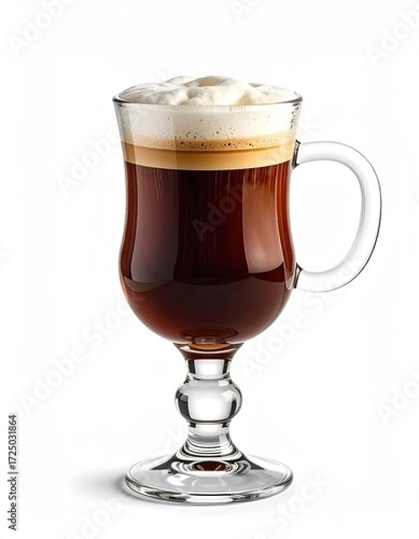 Obraz A rich, dark coffee drink topped with a thick layer of fluffy cream, served in a stemmed glass with a clear handle, isolated on a white background