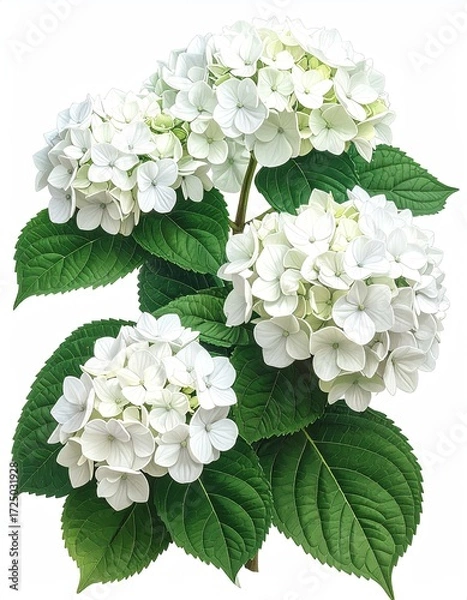 Obraz A sprig of three creamy white hydrangea blossoms, lush green leaves, isolated on white background