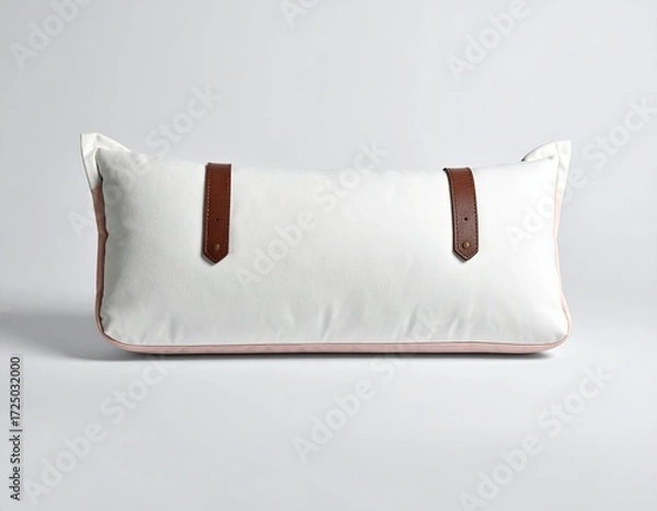 Obraz Long rectangular off-white bolster pillow with blush pink edges and brown leather straps