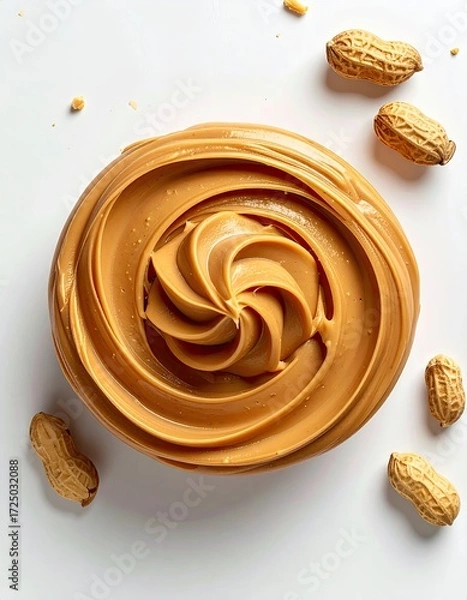Obraz Creamy peanut butter swirl in a bowl, surrounded by peanuts on a white background
