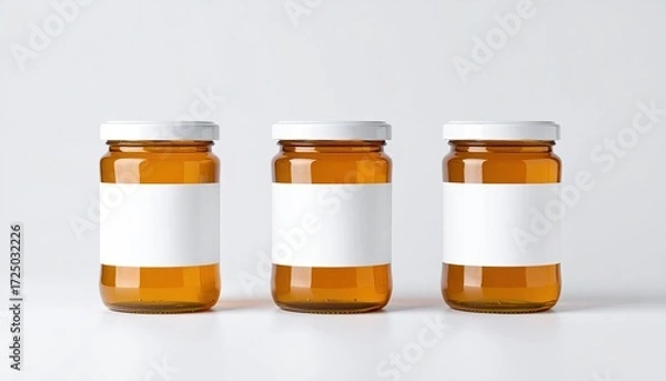 Obraz Three amber glass jars with blank white labels, arranged in a row against a white background