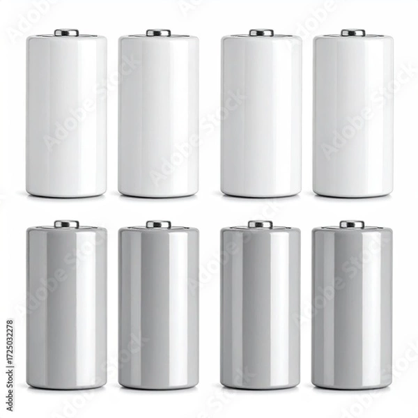 Obraz Eight cylindrical batteries, four white and four light gray, arranged in two rows of four, isolated on white background